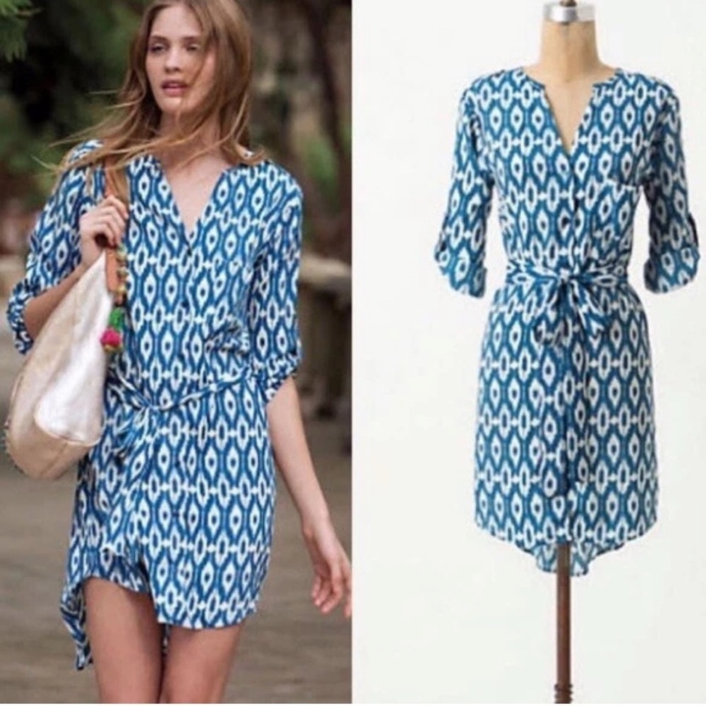 Maeve Anthropologie Blue & White Ikat OverSized Belted Shirt Dress